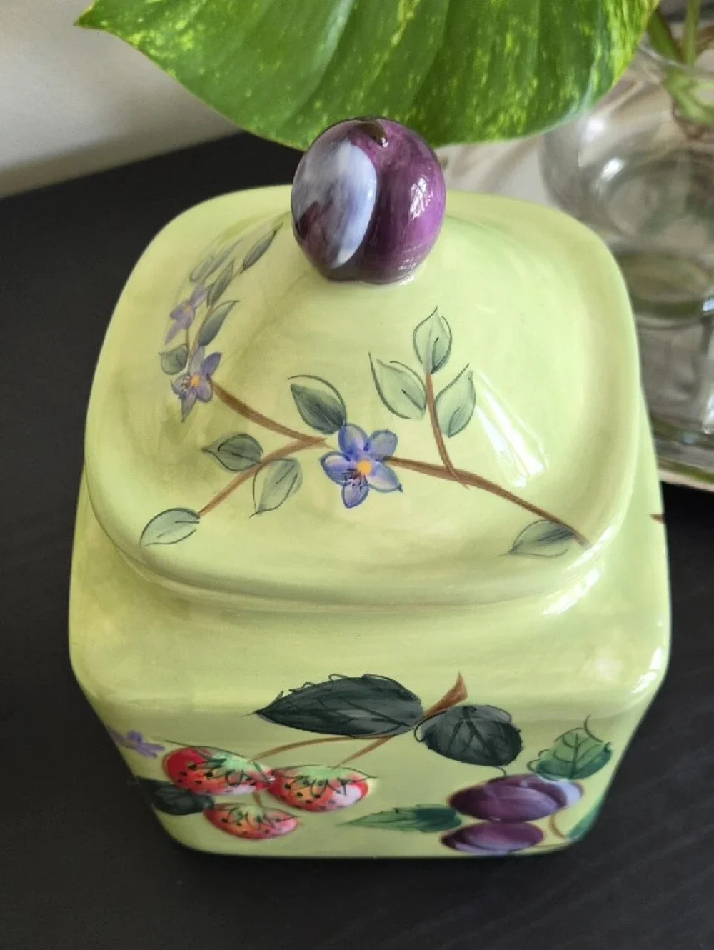 Vintage Hand-Painted Green Fruit Ceramic Canister Set Of 3